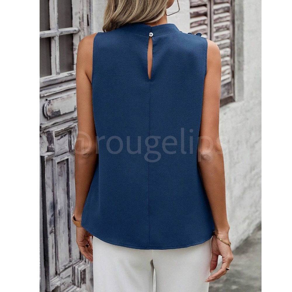 Blue Cowl Draped Pleated Neck Sleeveless Top Blouse Decorative Shoulder Buttons - Picture 4 of 7
